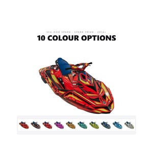 May include: A Sea-Doo Spark Spark Trixx 2014+ personal watercraft featuring a red, black, and yellow graphic wrap with a blue seat. The text reads 10 COLOUR OPTIONS. A row of ten smaller versions of the watercraft in various colours is displayed below.