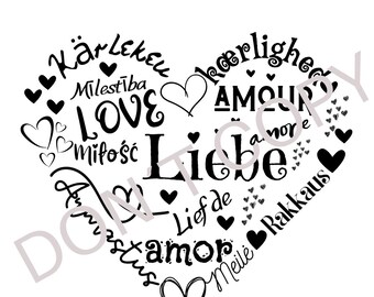 Print template heart print file love multilingual text Mother's Day Valentine's Day boyfriend girlfriend love text templates for printing