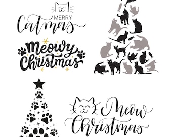 Motivo de gatos navideños - Motivos divertidos de gatos para Navidad para descargar Clip Art SVG Tarjeta de Navidad digital - Archivo de trazador Catmas