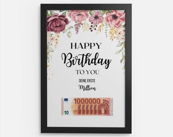 Print template money gift your first million birthday last minute gift idea money card birthday gift print file SVG flower motif