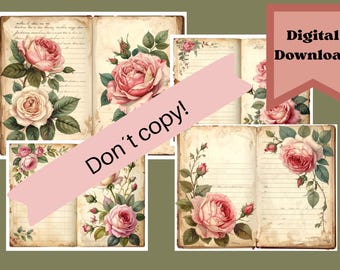Digital Printable Vintage Roses Junk Journal Kit Scrapbooking Papers, Ephemera, Shabby Chic Romantic Collage Craft Set Flowers