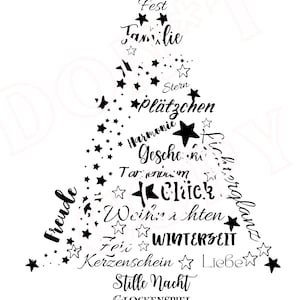 File di stampa con motivo natalizio Albero di Natale con testo in tedesco Cartolina di Natale dell'ultimo minuto Albero di Natale