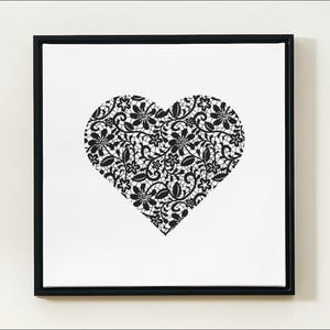 Plantilla de impresión corazón con motivo de encaje archivo Día de la Madre Día de San Valentín novio novia carta de amor prueba de amor plantilla imprimir png negro