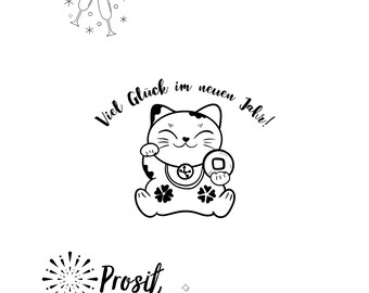 Template New Year's Eve Print File Fireworks Last Minute Digital File Plotter Files Clip Art Waving Cat Lucky Cat New Year Place Card Bundle