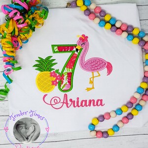 Embroidered Pink Flamingo Birthday Shirt-Personalized Flamingo Birthday Shirt-7th Birthday Shirt-Girls Tropical Birthday-Tropical Flamingo
