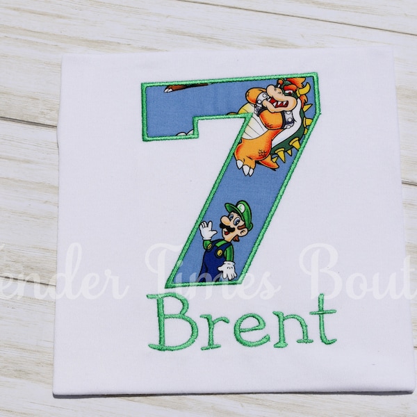 Personalized Mario Bros Birthday Shirt, Luigi Birthday Shirt,Bowser Birthday Shirt, Birthday Number Shirt, Mario/Luigi Applique Number Shirt