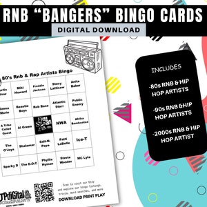 100 Music Bangers Bingokarten, 90er Jahre Rnb Bingo, 80er Jahre Musik Bingo, druckbare Bingokarten, Musikparty, Spotify Playlist