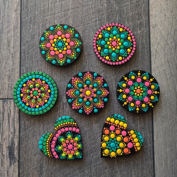 Bright Mandala Dot Art Hand Painted Heart or Round Boho Fridge Magnets Neon Rainbow Collection