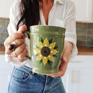 Sunflower Dot Art Mandala Hand Painted Boho Sage Green Large Coffee Mug
