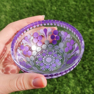 Dot Art Lavender Metallic Purple Silver Mandala Hand Painted Jewelry Dish Glass Trinket Bowl