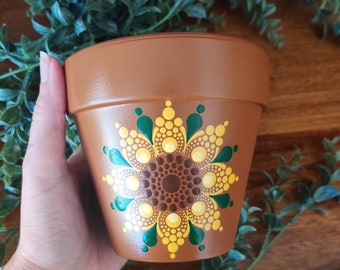 Dot Art Yellow Sunflower Mandala Hand Painted 4 Inch Terra Cotta Succulent Boho Flower Pot