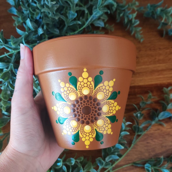 Dot Art Yellow Sunflower Mandala Hand Painted 4 Inch Terra Cotta Succulent Boho Flower Pot