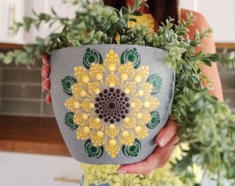 Sunflower Mandala Hand Painted Boho Gray Faux Stone Plastic 1 Gallon Flower Pot