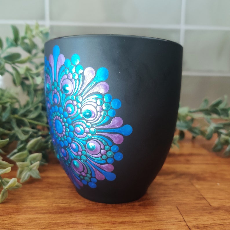 Mandala Metallic Blue Teal Purple Hand Painted Boho Matte Black Large Coffee Mug image 5