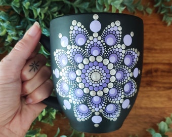 Silver Lavender Purple Mandala Hand Painted Boho Matte Black Large Coffee Mug