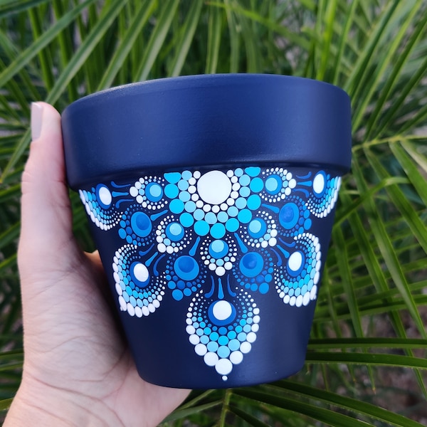 Dot Art White Blue Navy Mandala Hand Painted 4 Inch Terra Cotta Succulent Flower Pot