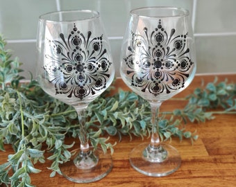 Black Mandala Dot Art Hand Painted Boho Wine Glasses Set of 2