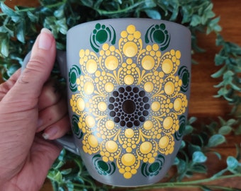 Sunflower Dot Art Mandala Hand Painted Boho Gray Large Ceramic Coffee Mug