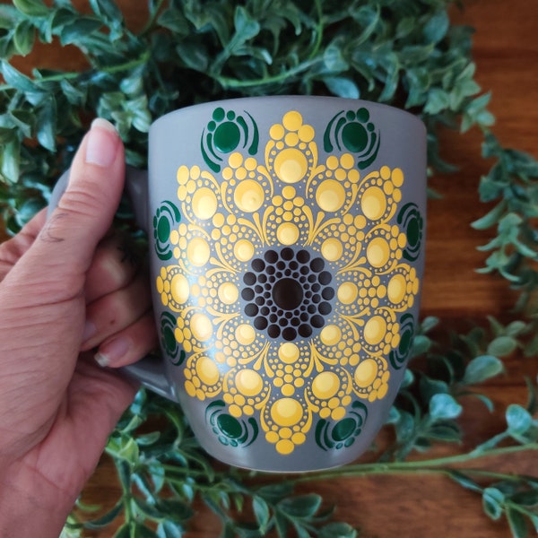 Sunflower Dot Art Mandala Hand Painted Boho Gray Large Ceramic Coffee Mug