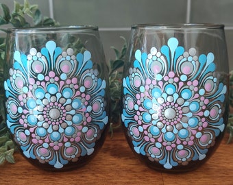 Hand Painted Silver Blue Lavender Mandala Set of 2 Stemless Wine Glasses
