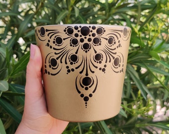 Hand Painted Gold Black Mandala Terra Cotta Flower Pot