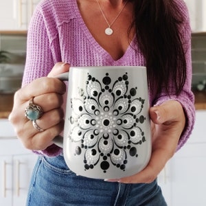 Dot Art Metallic White Silver Black Mandala Hand Painted Boho Gray Large Stoneware Coffee Mug