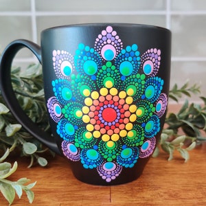 Rainbow Bright Mandala Design Hand Painted Large Matte Black Boho Coffee Mug