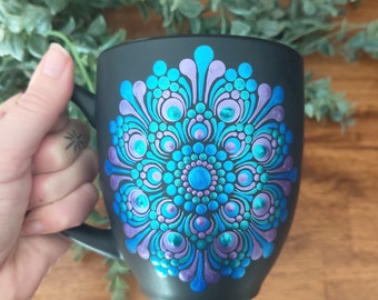 Mandala Metallic Blue Teal Purple Hand Painted Boho Matte Black Large Coffee Mug