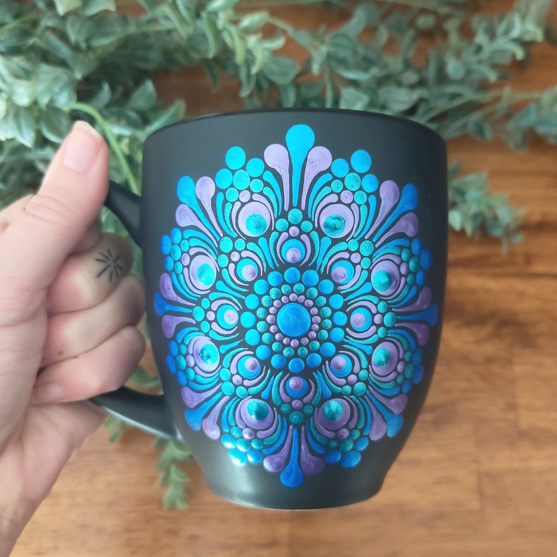 Mandala Metallic Blue Teal Purple Hand Painted Boho Matte Black Large Coffee Mug image 1