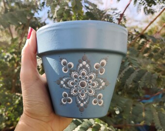 Mandala Hand Painted 4 Inch Blue White Gray Terra Cotta Flower Pot