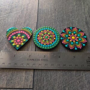 Bright Mandala Dot Art Hand Painted Heart or Round Boho Fridge Magnets Neon Rainbow Collection image 4