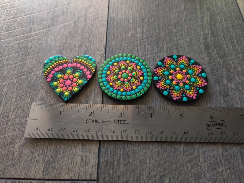Bright Mandala Dot Art Hand Painted Heart or Round Boho Fridge Magnets Neon Rainbow Collection image 4