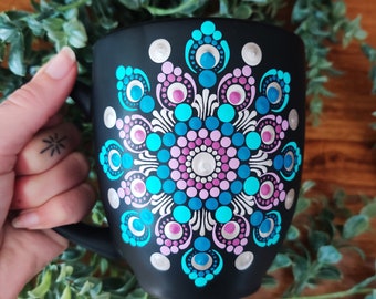 Hand Painted Mandala Silver Teal Purple Metallic Dot Art Black Boho Coffee Mug