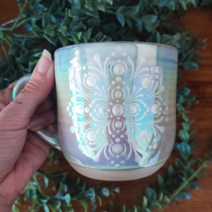 Iridescent Rainbow Glazed Metallic White Dot Art Mandala Hand Painted Stoneware Coffee Mug