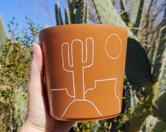 Minimalist Desert Landscape Outline Hand Painted Terra Cotta Flower Pot