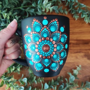 Mandala Teal Copper Metallic Hand Painted Boho Matte Black Large Coffee Mug
