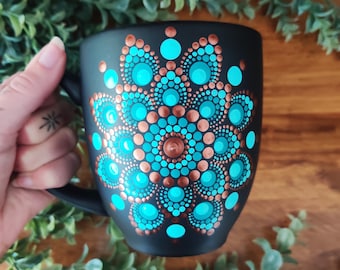 Mandala Teal Copper Metallic Hand Painted Boho Matte Black Large Coffee Mug