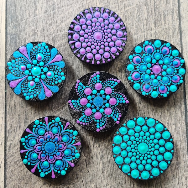 Bright Mandala Dot Art Hand Painted Round Boho Fridge Magnets Colorshift Collection