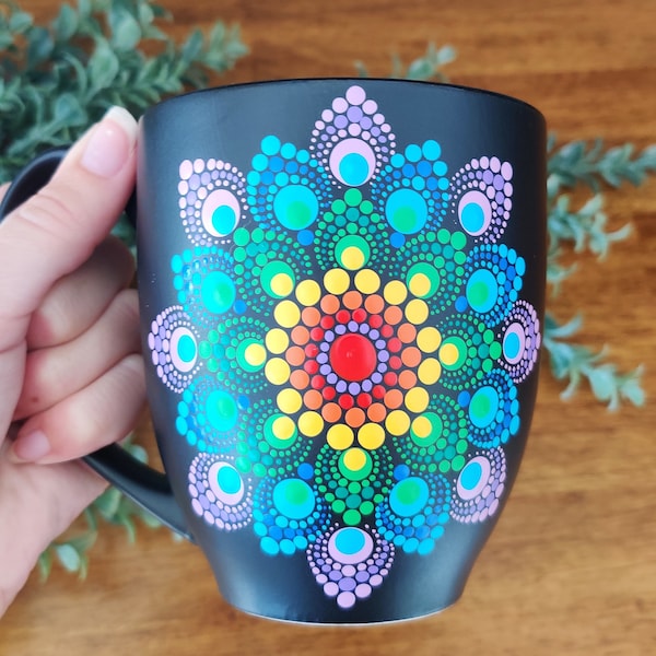 Rainbow Bright Mandala Design Hand Painted Large Matte Black Boho Coffee Mug