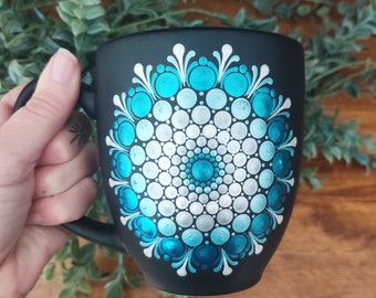 Metallic Teal Blue Silver White Mandala Hand Painted Boho Matte Black Large Coffee Mug