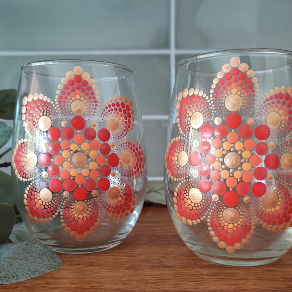 Hand Painted Red Orange Gold Metallic Mandala Dot Art Wine Glasses Set of 2