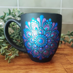 Mandala Metallic Blue Teal Purple Hand Painted Boho Matte Black Large Coffee Mug image 2