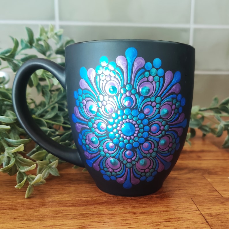 Mandala Metallic Blue Teal Purple Hand Painted Boho Matte Black Large Coffee Mug image 2