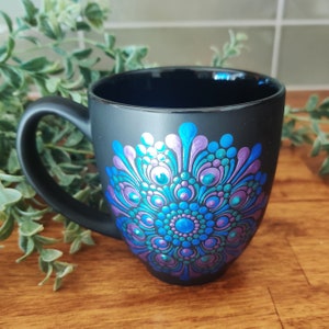 Mandala Metallic Blue Teal Purple Hand Painted Boho Matte Black Large Coffee Mug image 3