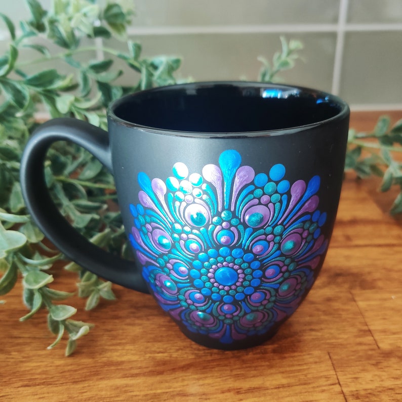 Mandala Metallic Blue Teal Purple Hand Painted Boho Matte Black Large Coffee Mug image 3