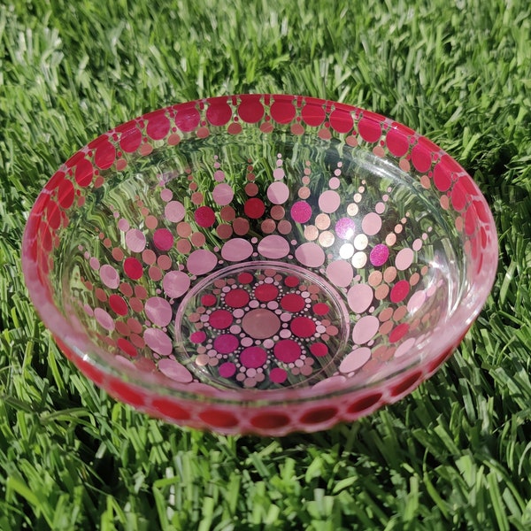 Dot Art Pink Rose Gold Mandala Hand Painted Jewelry Dish Glass Trinket Bowl