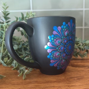 Mandala Metallic Blue Teal Purple Hand Painted Boho Matte Black Large Coffee Mug image 4