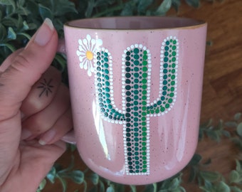 Dot Art Blooming Saguaro Cactus Hand Painted Speckled Pink Coffee Mug