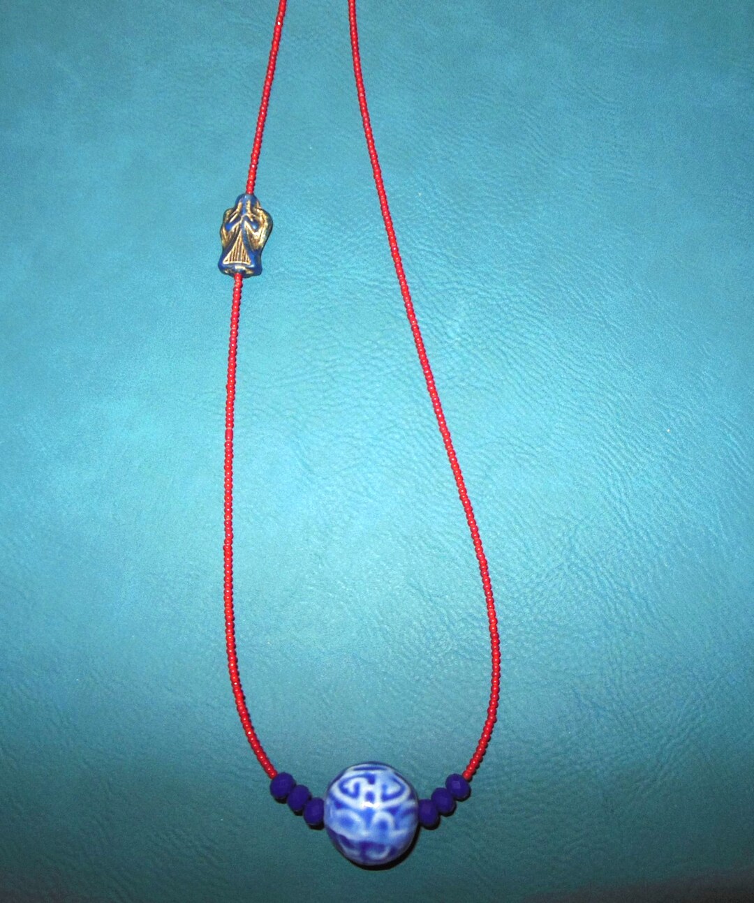 Chinese Blue Pottery Bead With Red Seed Beads Etsy