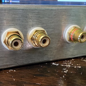 Puede incluir: Componente de audio de metal cepillado con cuatro conectores RCA dorados. Los conectores est&aacute;n montados sobre bases de pl&aacute;stico blanco y est&aacute;n dispuestos en fila. La carcasa met&aacute;lica tiene un aspecto texturizado.